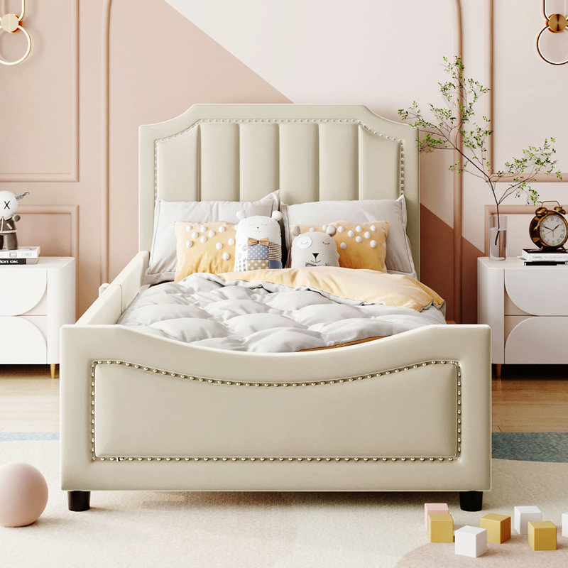 Lit de jour simple rembourré avec tête de lit à rayures classique, Beige