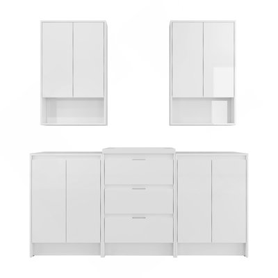 Ensemble de meuble-lavabo autoportant 72 po avec lavabo en résine 72 po, 2 armoires de rangement et 2 armoires murales, portes et tiroirs à fermeture en douceur, blanc brillant, contreplaqué