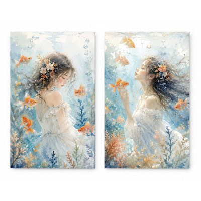 Grand ensemble de 2 reproductions d'art sur toile, "Goldfish Mermaid" sur toile, impression de fantaisie côtière douce pour salle de bain, impression sur toile 16 x 24 pouces - prête à être accrochée