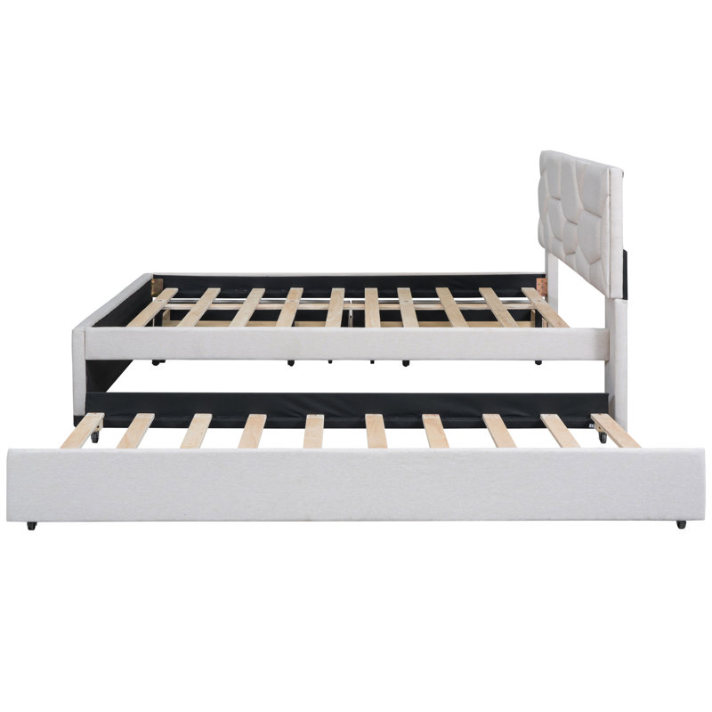 Élégant lit tapissier avec tête de lit en brique beige, lit gigogne simple et 2 tiroirs, structure robuste et en panneau de particules, tête de lit à plateforme en brique sans plateforme