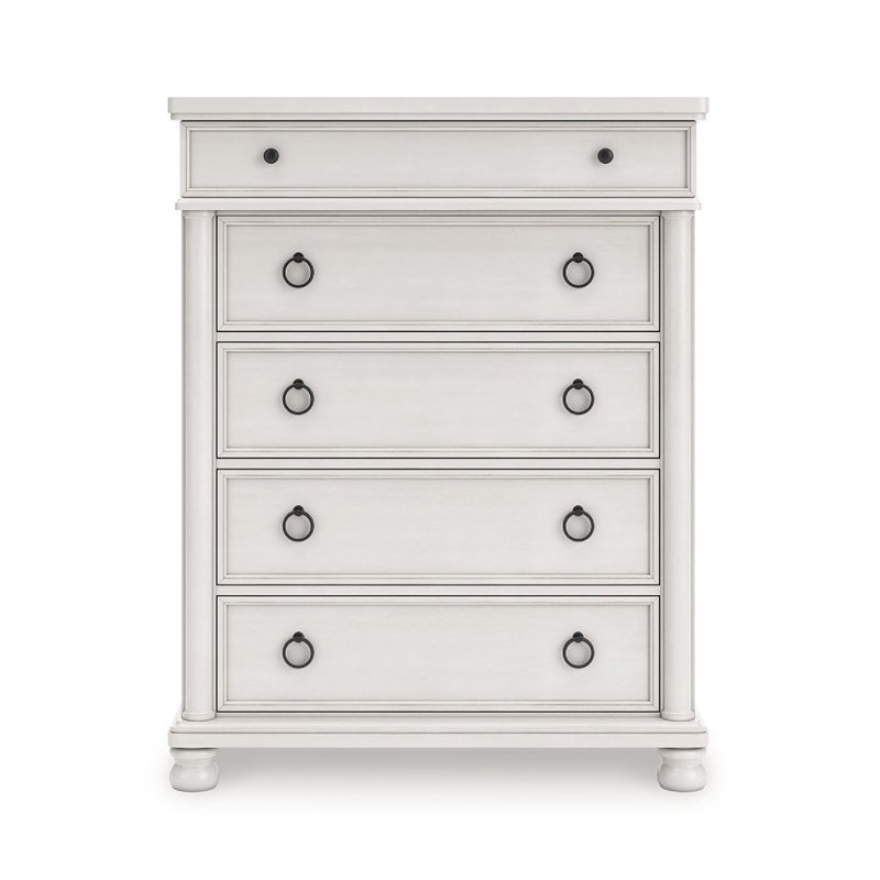 Commode haute Rowy, 5 tiroirs avec boutons en étain, blanc antique