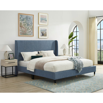 Blue Fabric Wingback Platform Bed