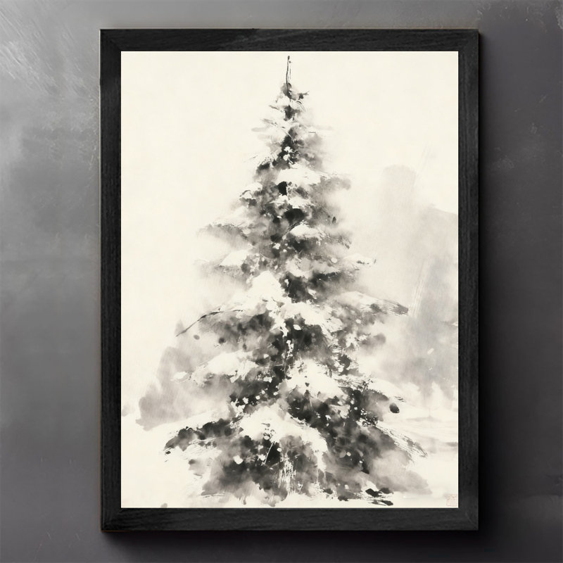 Arbre de Noël noir encadré noir, impression d'art de style lavis à l'encre, H 17 po x l 13 po