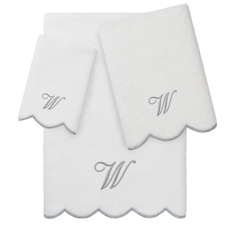  100% Turkish Cotton ADORNIA Scallop 3PC Personalized Towel Set, W, 3 Piece Towel Set, White/Grey