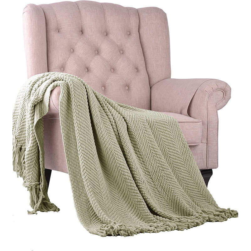 Knitted Blanket with Fringe, 152.4cm x 203.2cm, Oyster Shell