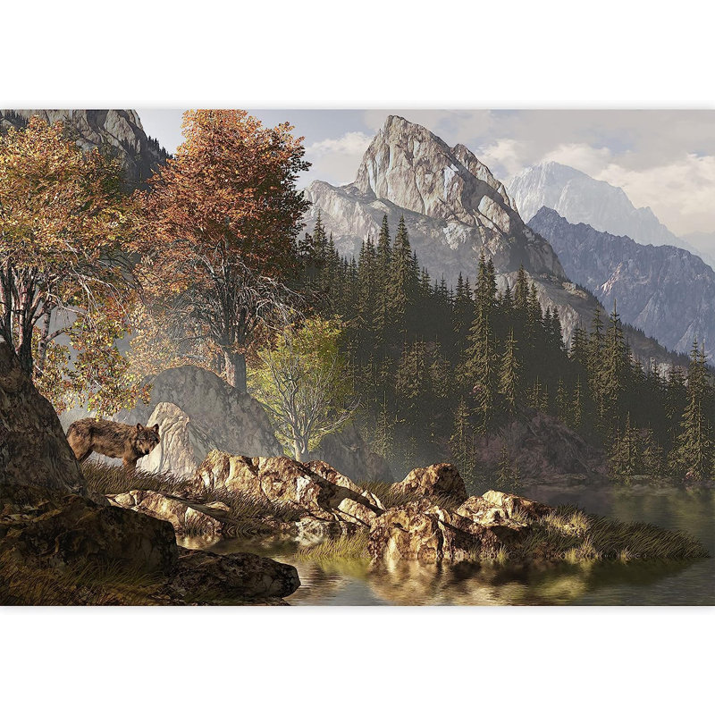 Loup près d'un lac dans un paysage de montagnes Rocheuses, peinture murale, L 66 po x l 96 po