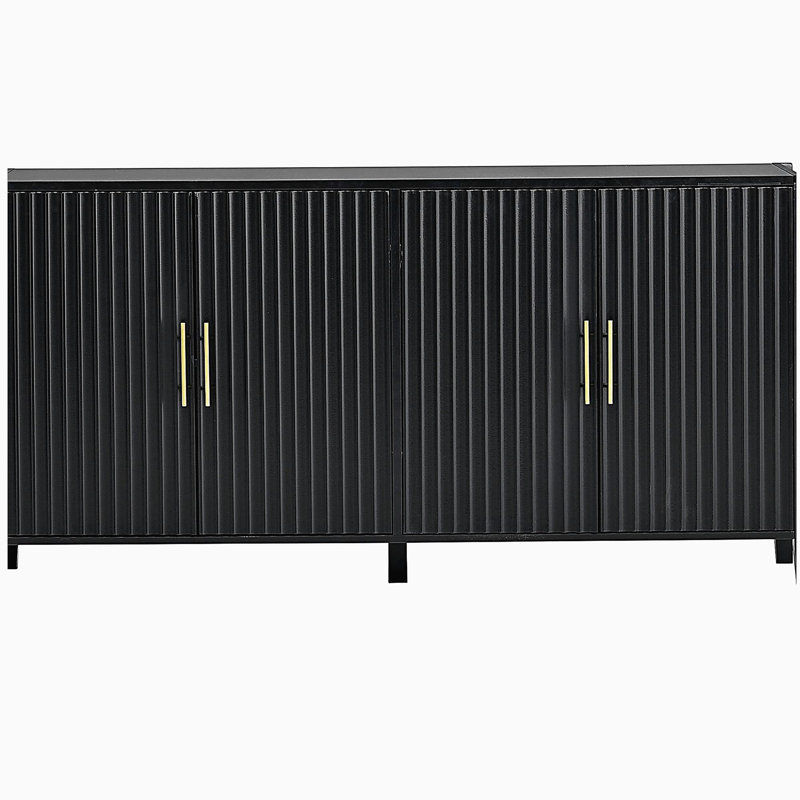 Table d'appoint U_Style de 63,1 po à 4 bandes verticales ondulées avec armoire de rangement élégante, pieds en bois massif peint, poignées en métal, convient au restaurant, au salon, à la cuisine ou au vestibule (noir)
