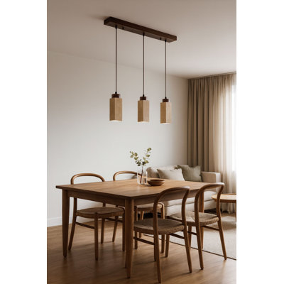 Lustre réglable élégant, placage en bois et structure en métal, 24 à 60,6 pouces | Finition beige et noyer | Comprend 3 x douilles GU10 (10 W maximum) | Éclairage élégant pour la salle à manger, le salon et le vestibule