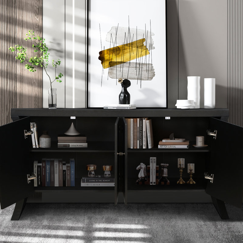 4-Door Wooden With Curved Legs & Bronze Clasps - Black Storage Unit For Modern Homes Handles Cabinet Versatile In Living Rooms