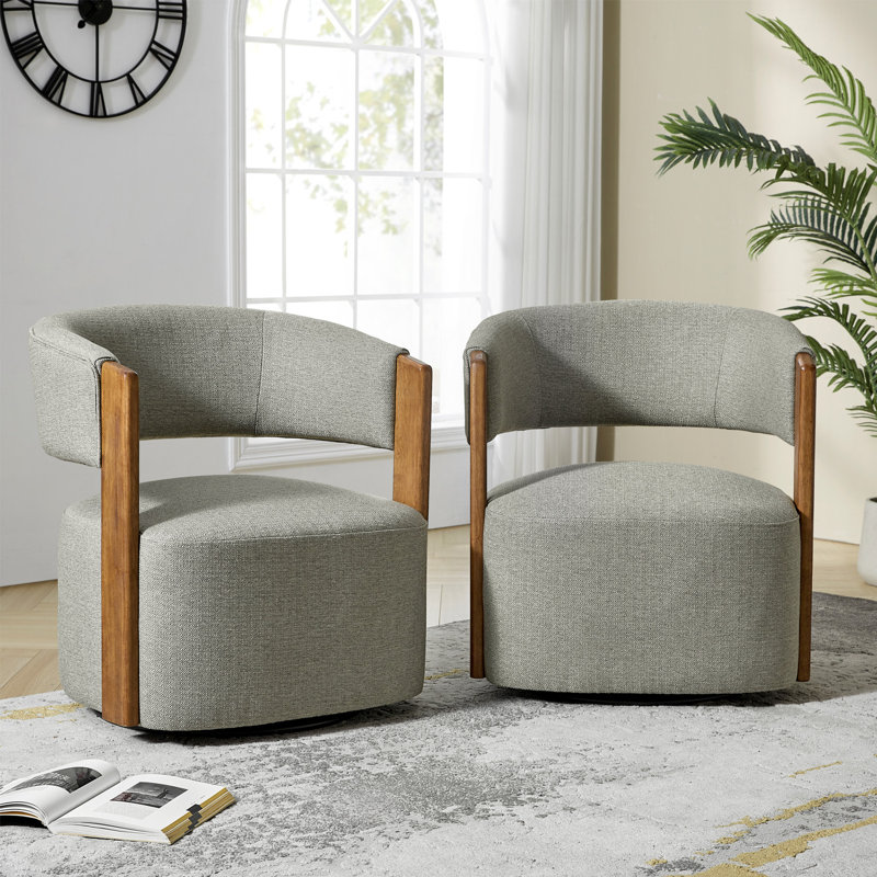 Alke 29.5"W Upholstered Swivel Barrel Chair with Solid Wood Armrests (Set of 2), Gray Polyester Blend