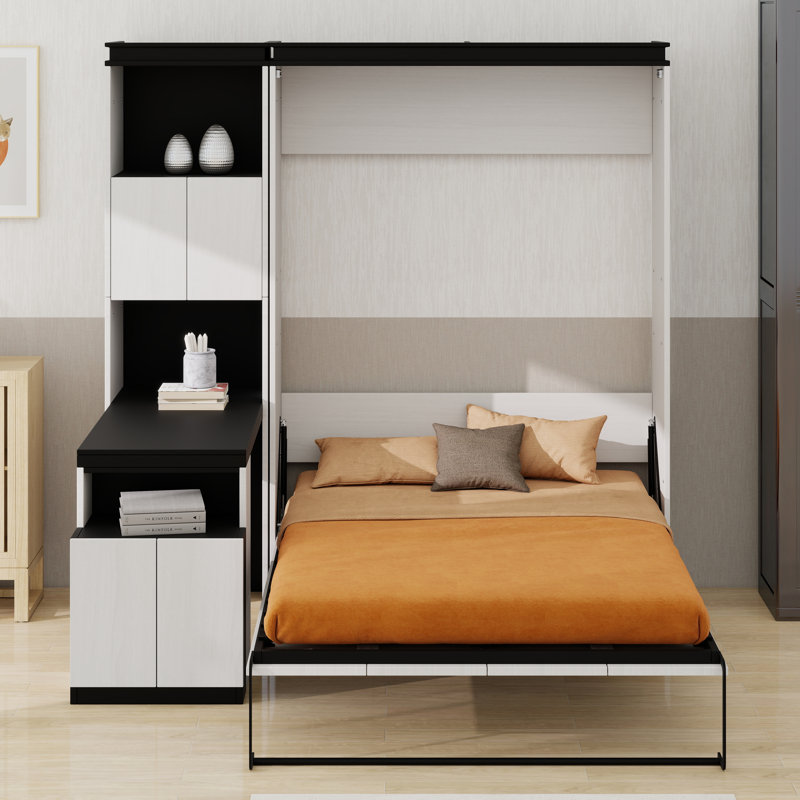 Lit escamotable mural en bois massif avec armoire de rangement et bureau pour un espace efficace