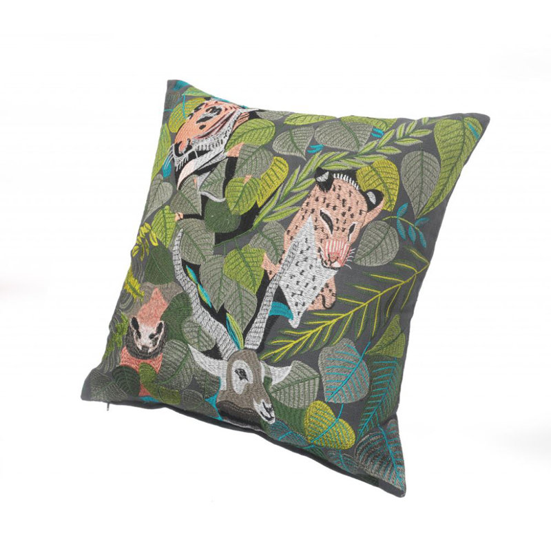 Jungle Scene Green and Multicolor Cotton Throw Pillow