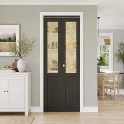 24" x 80" Black Half Lite Rattan Bi-Fold Door With Installation Hardware Kit