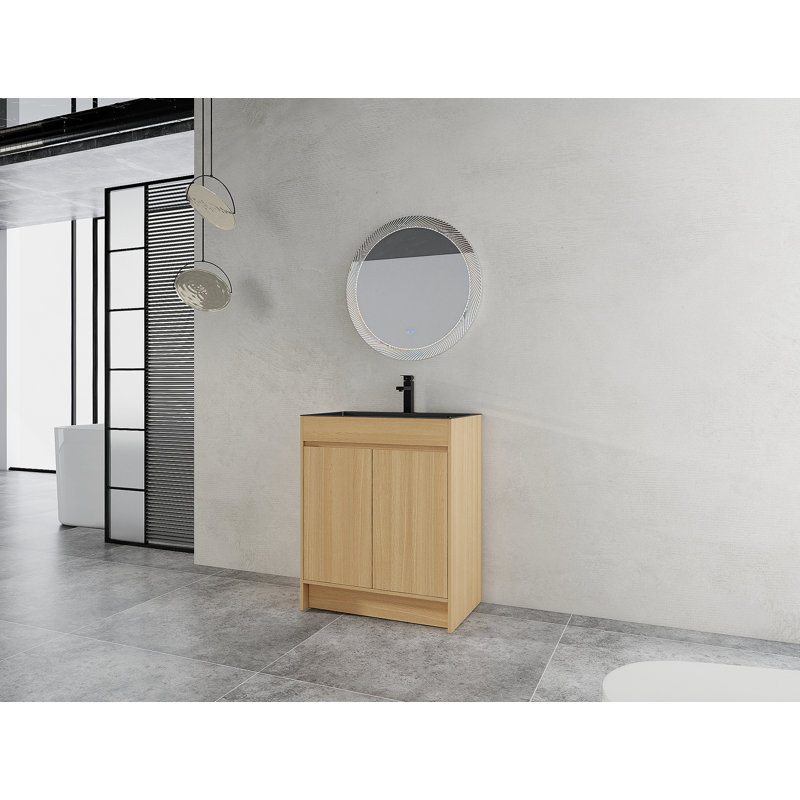 Meuble-lavabo autoportant avec lavabo en acier inoxydable et drain flexible, porte à fermeture en douceur