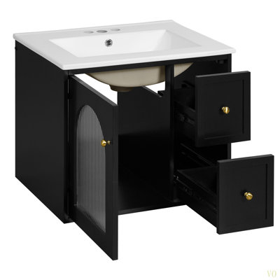 24" Bathroom Vanity Set Wall Mounted For Small Space, Bathroom Cabinet With Ceramic Sink, 2 Drawers And 1 Soft-Close Door