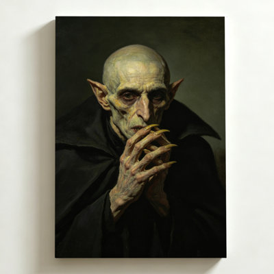 Tableau sur toile d'Halloween 50 x 75 cm. Vampire âgé aux longs ongles, mains jointes près de la bouche. Impression sur toile, peinture à l'huile, ambiance sombre et mystérieuse. Décoration murale moderne pour chambre, salon et bureau.