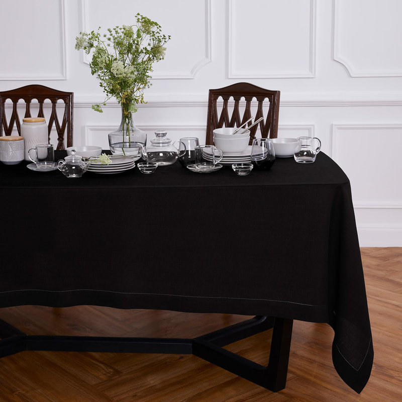 Sonoma Hemstitch - 100% Pure Linen Tablecloth (Prewashed), Black, 120" x 70"