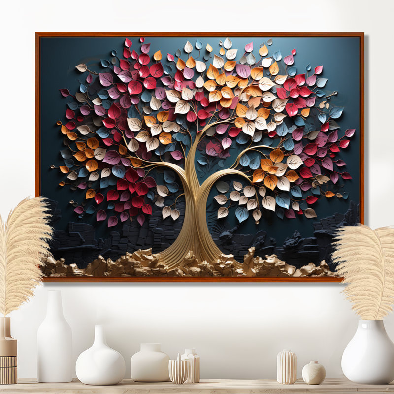 Arbre doré rose et bleu sur fond bleu - Art mural arbre, H 30 po x l 40 po x P 1,5 po, Brown Floater Frame