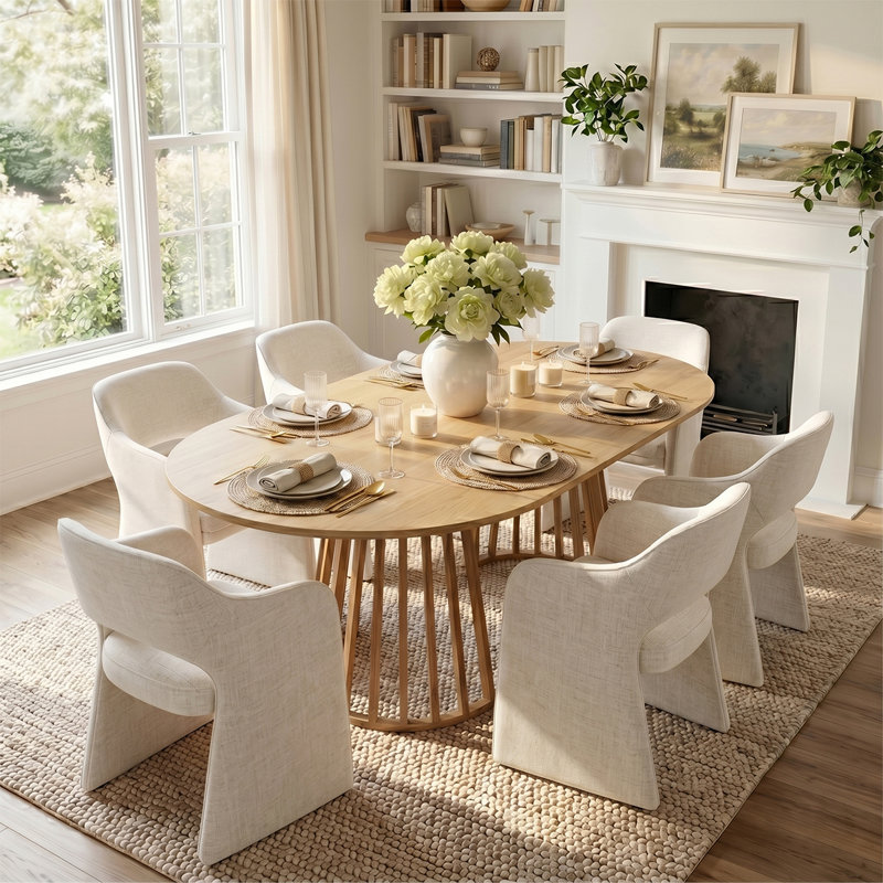 6- Person Dining Table Sets With Extendabe Oval Table & 6 Upholstered Fabric Dining Chairs, Beige