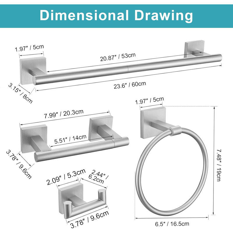 Bathroom Hardware Set - 5 Piece Towel Bar, Toilet Paper Holder, Towel Ring And Robe Hooks - Stainless Steel Wall Mounted Set With Dual Base Design For Enhanced Stability