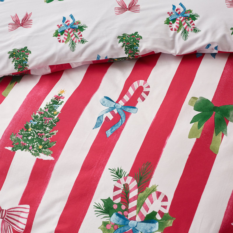 Christmas Stripe Reversible Duvet Cover Set Red, Super King Duvet Cover + 2 Standard Pillowcases