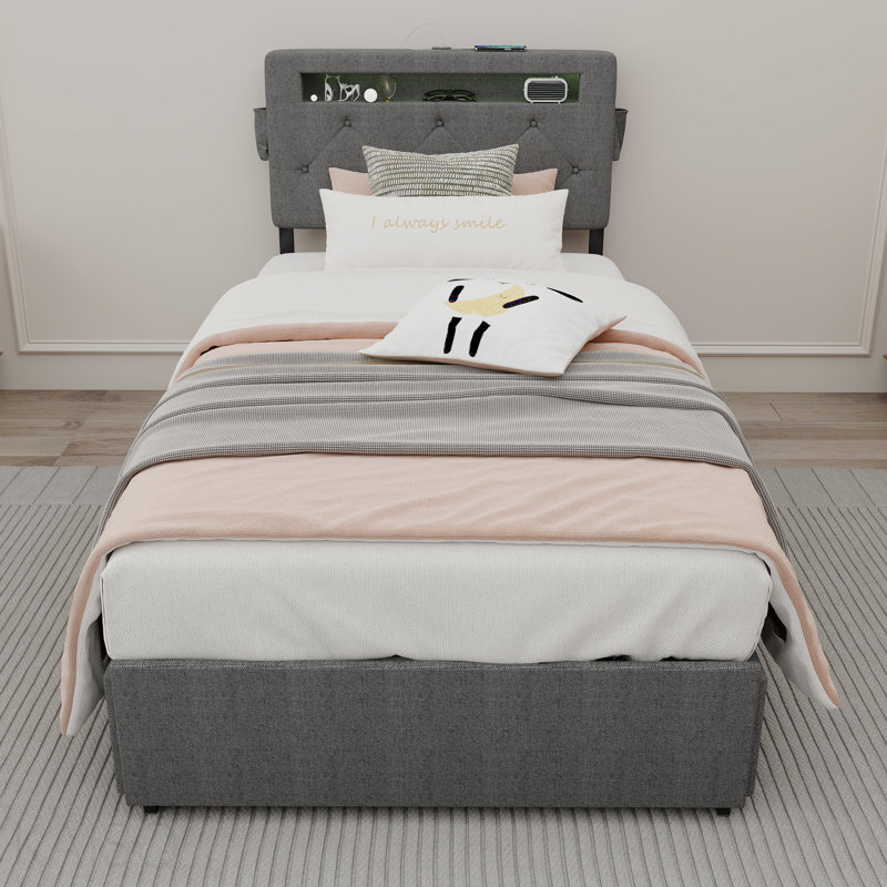 Cadre de lit simple avec station de charge USB et lumières DEL, cadre de lit simple avec tête de lit et 4 tiroirs de rangement, D