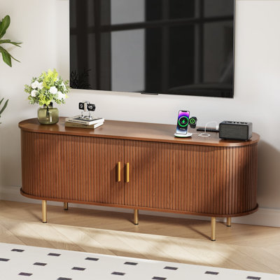 55" Fluted TV Stand With Power Outlet and Adjustable Shelves, Mid Century Modern TV Console, Sliding Doors Entertainment Center and Media Console for TVs 40" - 65"