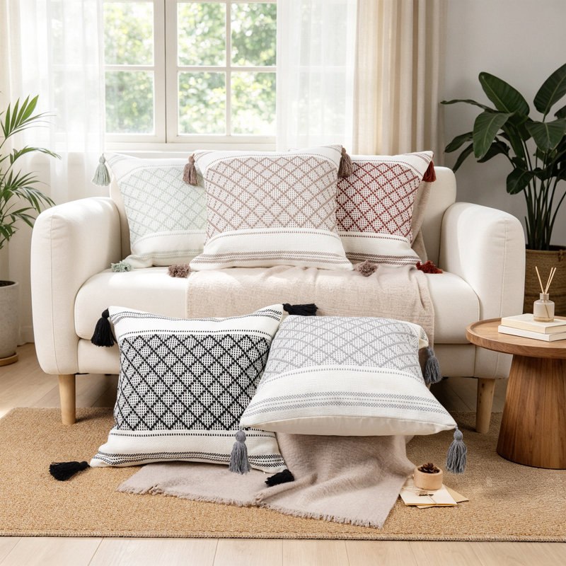 Housse de coussin en coton mélangé à carreaux, Brun