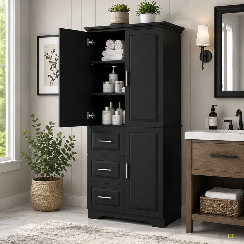 Tall And Wide Storage Cabinet With Doors For Bathroom/Office, Three Drawers, Black