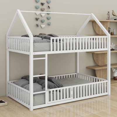 Lit superposé en métal pour enfants avec clôture et porte, lit simple au-dessus d'un lit simple avec toit pour filles et garçons