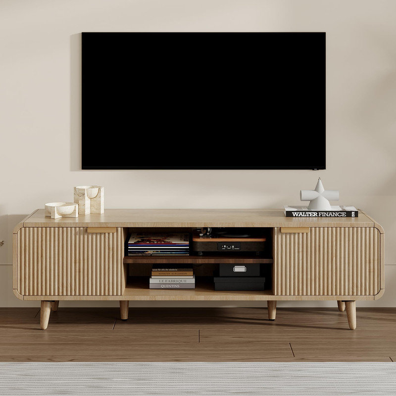 Meuble télé de style années 50 avec portes cannelées pour téléviseurs jusqu'à 65 pouces (165 cm), largeur 138 cm, avec rangement réglable, idéal pour les studios.