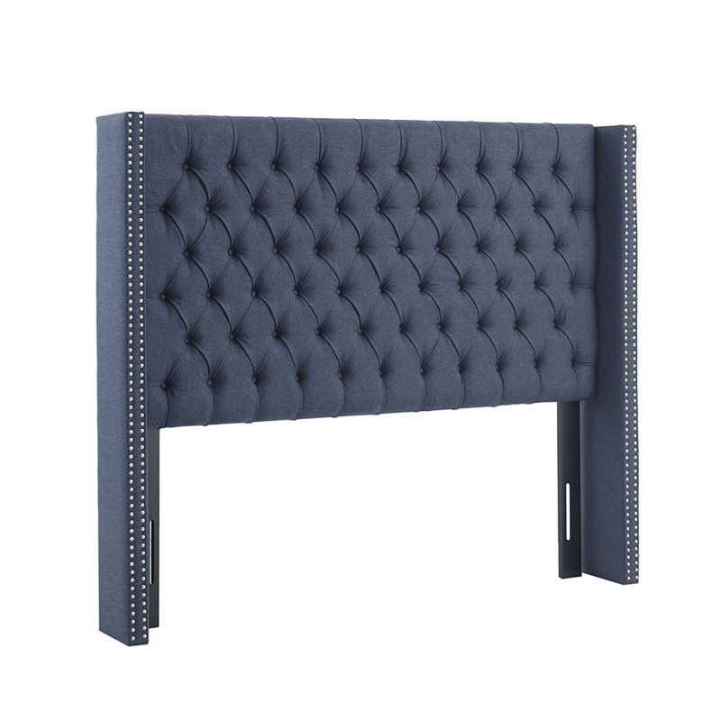 Upholstered Headboard For Queen, Button With Double Nailhead Trim, Navy Upholstery, Adjustable Black Metal Legs Queen Bed Tufting And Height,