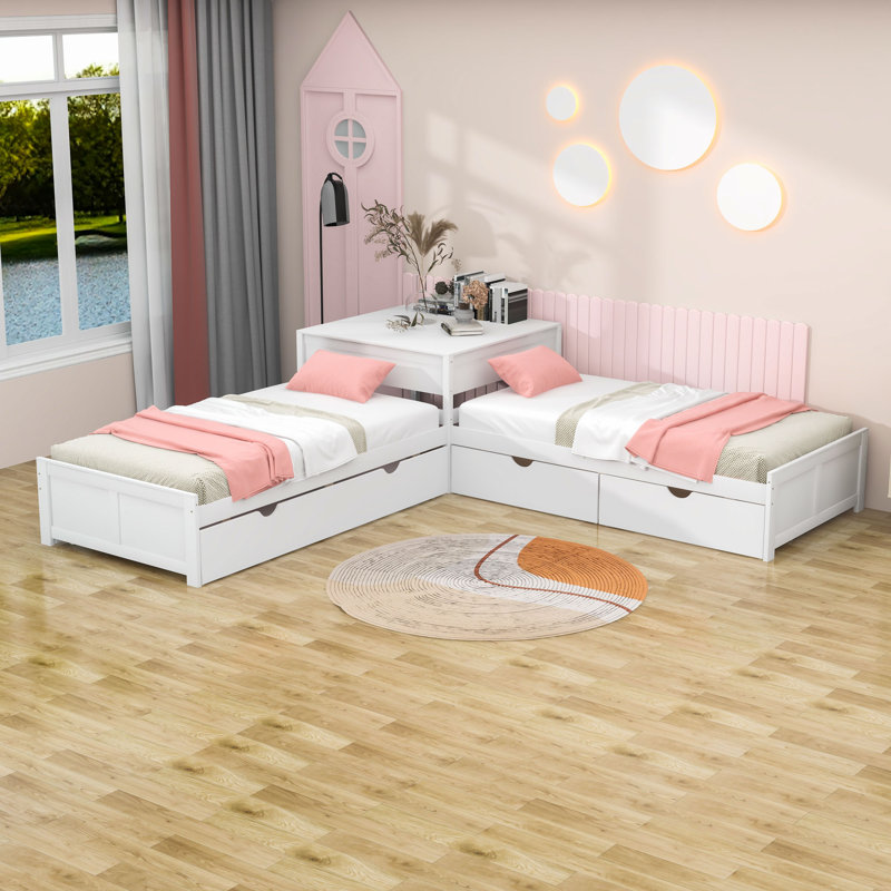 Lit plateforme simple en L avec lit gigogne et deux tiroirs, Blanc