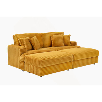 Canapé 88,58 pouces en velours côtelé orange avec pieds de rangement doubles et quatre coussins, aussi doux qu'un nuage, un canapé paresseux élégant convenant au salon et au bureau