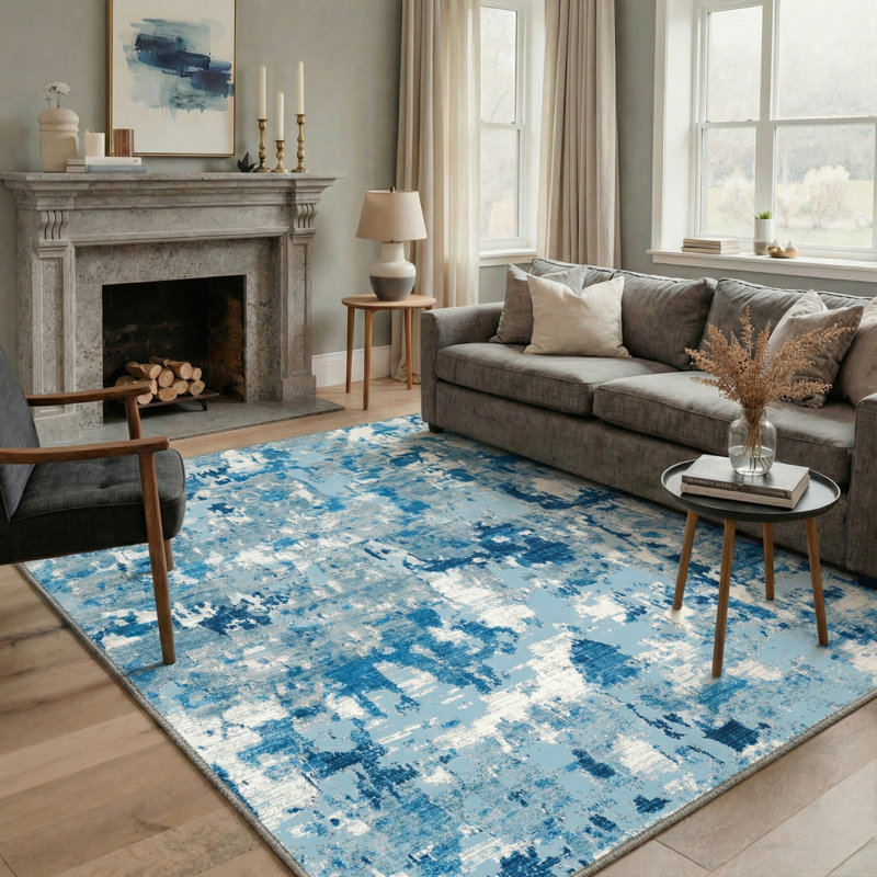 Tapis d'intérieur bleu / beige / brun Aura, Blue, Rectangle 9 pi x 12 pi