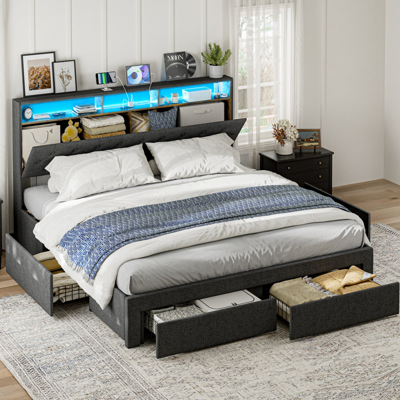 King Size Bed Frame With 4 Storage Drawers, Upholstered Platform Bed With Led Lights, Hidden Storage Headboard, Charging Station, No Box Spring Needed, Solid Wood Slats, Noise Free, Dark Grey