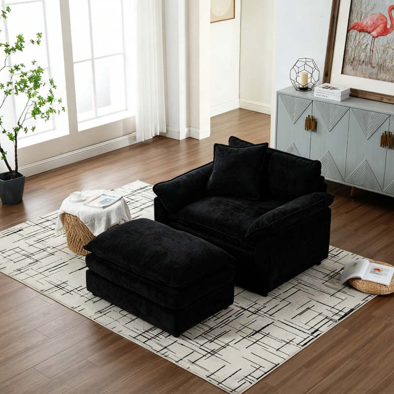 Fauteuil d'appoint moderne avec repose-pieds en chenille moderne, Black Chenille