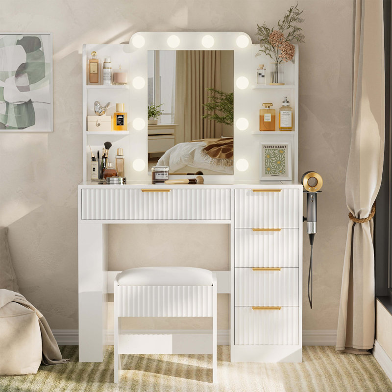 Vanity Table With Mirror And Lights, Vanity Desk And Cushioned Stool Set With Charging Station, Storage Drawers And Transparent Tabletop For Women Girls Bedroom