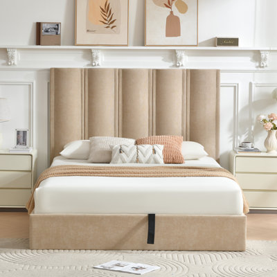 Braya 51.6" Tall Headboard Upholstered Platform Bed with Hydraulic Lift Up Storage ,Beige,Queen
