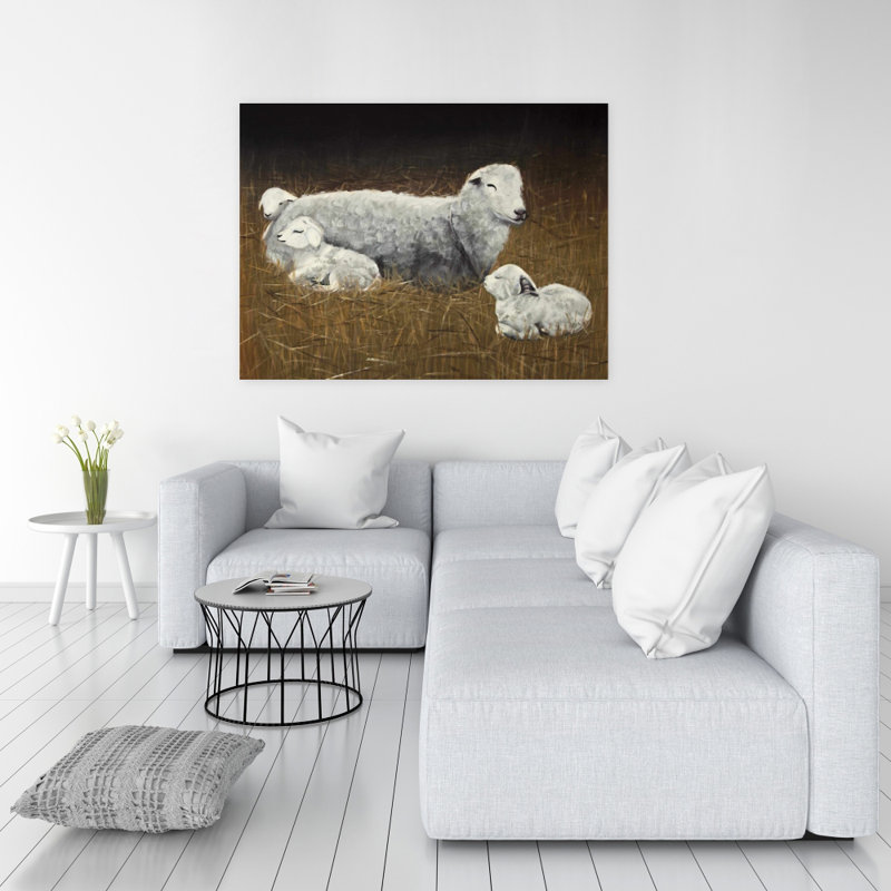 Mouton et agneaux, toile, animaux de ferme, H 48 po x l 36 po