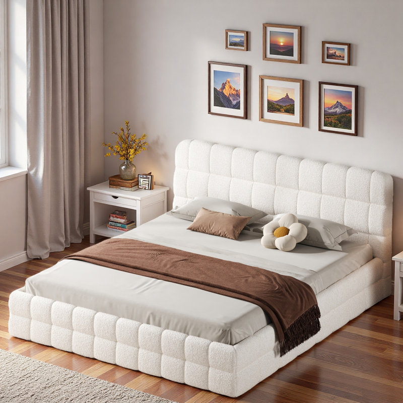 Élégant lit plateforme tapissier avec coutures et soutien solide, Blanc / Blanc