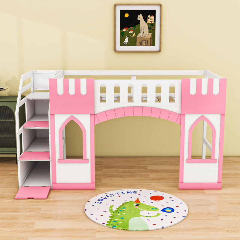 Lit mezzanine simple avec escalier de rangement Alexanne, Rose