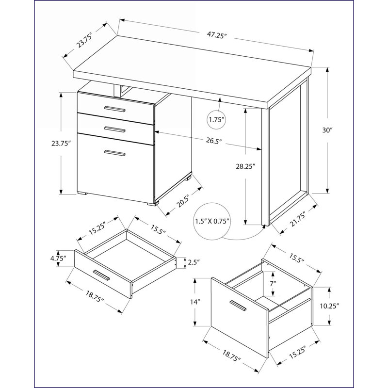 Bureaux, bureau d'ordinateur moderne de 48 po avec configuration réversible et amp; Tiroirs de rangement, stratifié brun | Métal noir | Brun | Panneau de particules