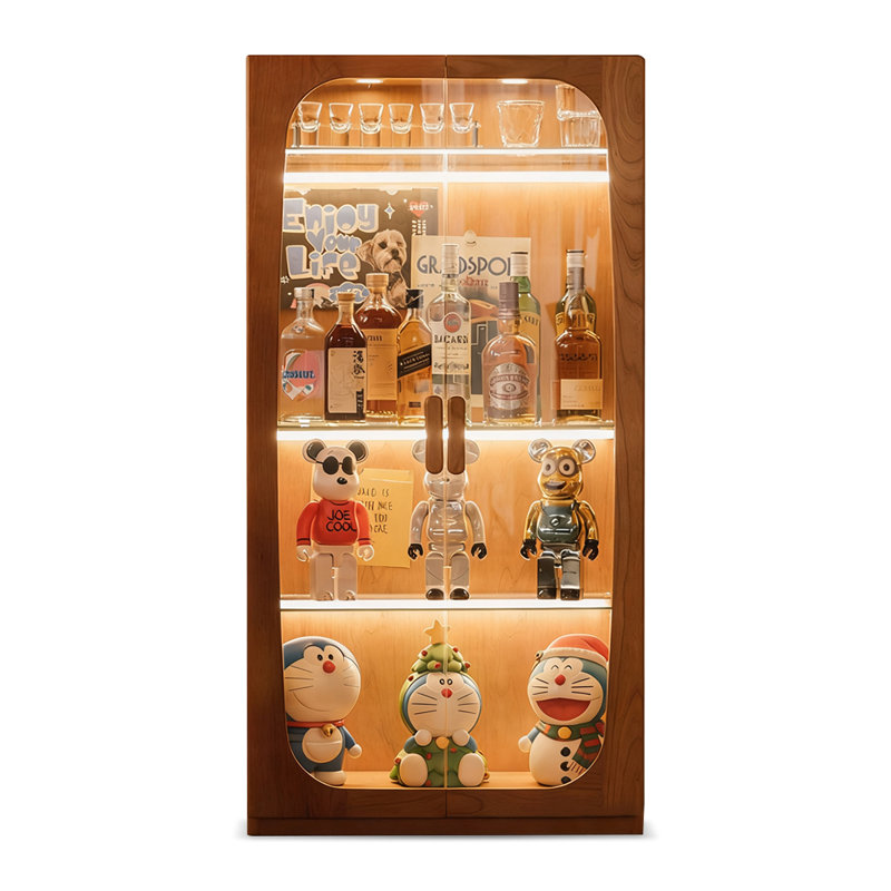 Verre trempé couleur cerise + vitrines en bois massif