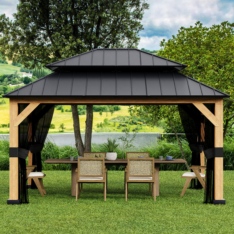 Joyside 13' x 11' Solid Wood Gazebo with Double Roof & Privacy Netting Garden & Patio