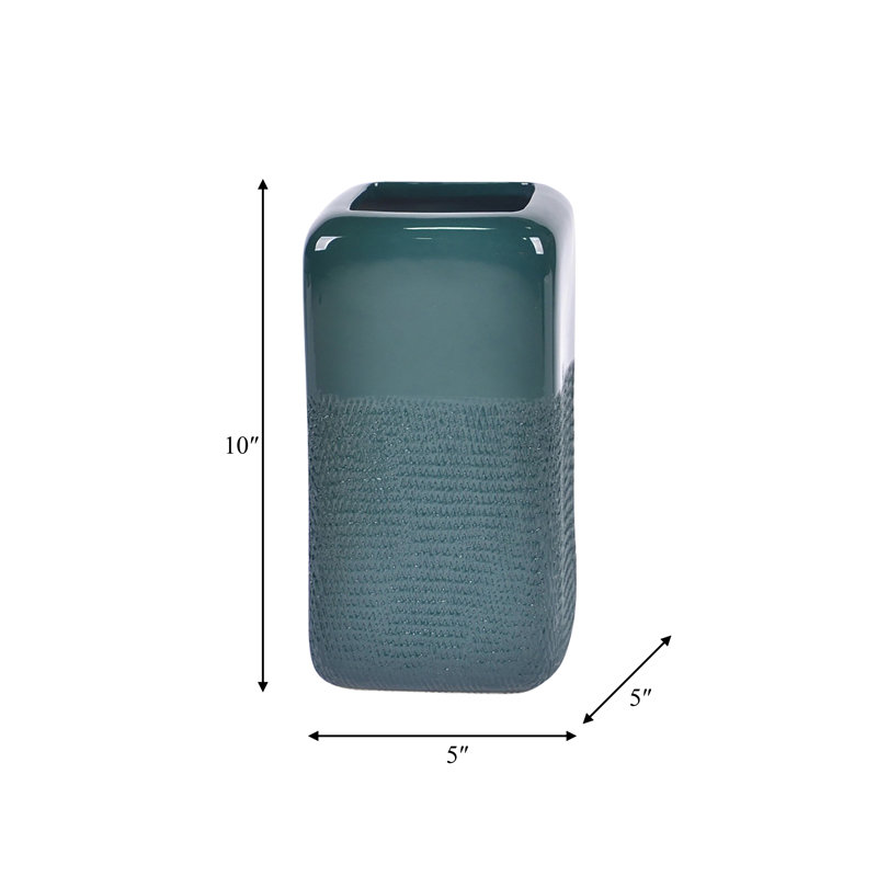 Stoneware Ceramic Vase with Textured Body and Rounded Rim Design, Green, 10" H x 5" W x 5" D