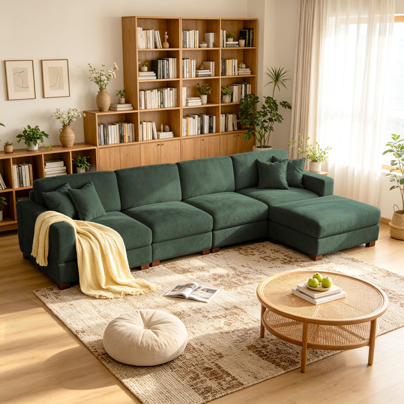 5 - Piece Upholstered Green Chenille Modular Sectional Sofa with Throw Pillows & Removable Ottomans, Green Chenille