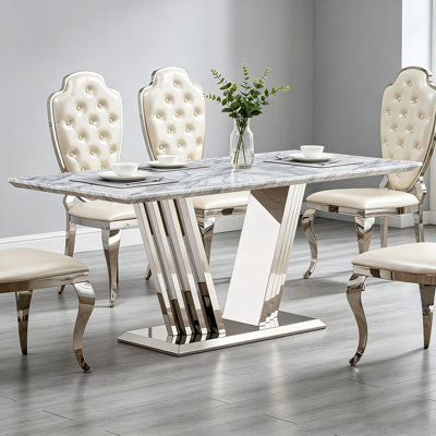 Marble Dining Table for 6 People, 70'' Rectangle Faux Marble Dining Table with Mirrored Finish Stainless Steel Base, Modern Large Size Marble Kitchen