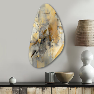 Yellow And Grey Beyond The Canvas II - Abstract Painting Unique Shape Print on Metal, Yellow Asymmetrical Metal Wall Decor