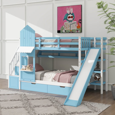 Lit superposé d'inspiration château, lit superposé en bois avec 2 tiroirs et 3 tablettes, livré avec glissière et marches de rangement
